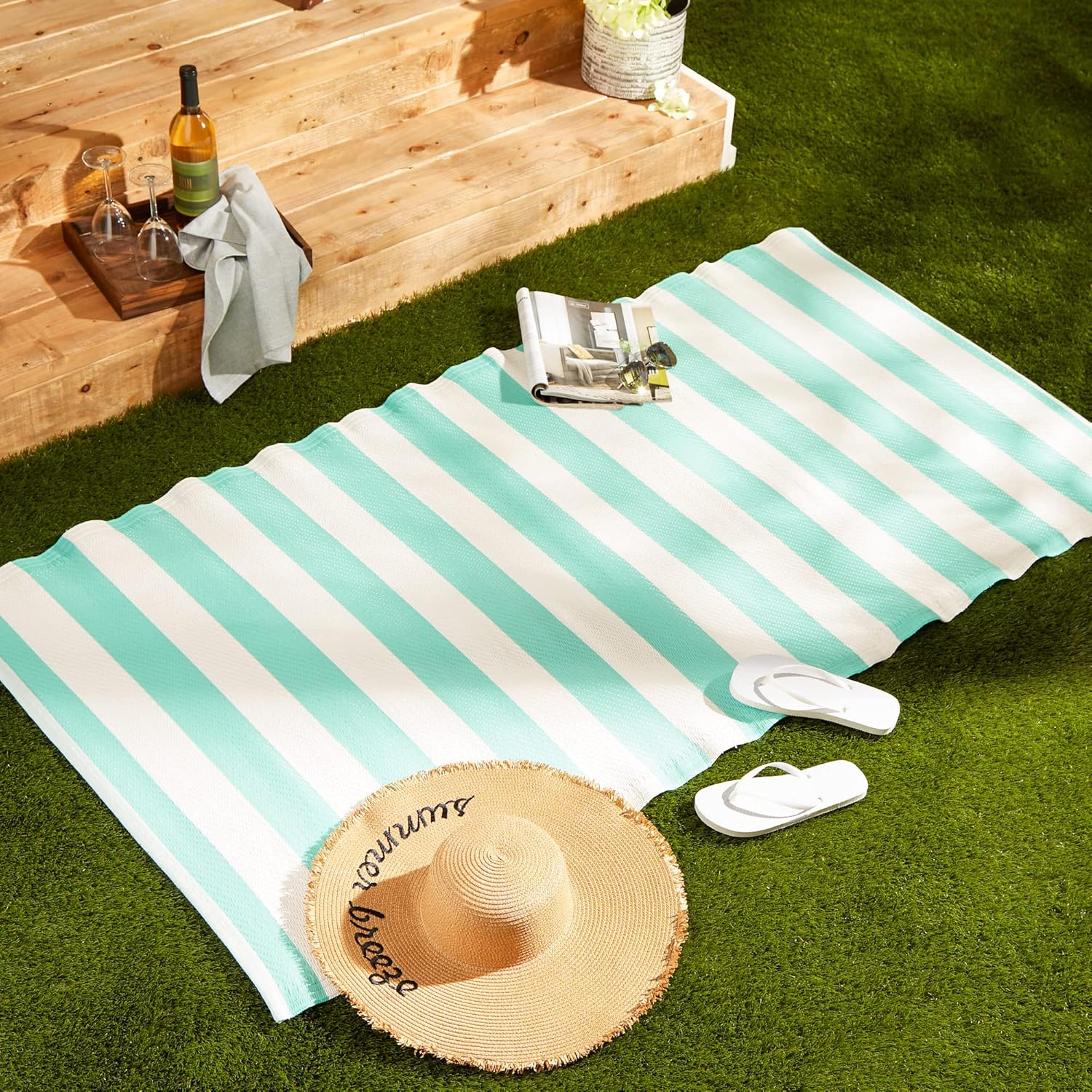 DII Outdoor Rug Collection Reversible Woven Polypropylene Mat, 3x6-Feet, Aqua & White