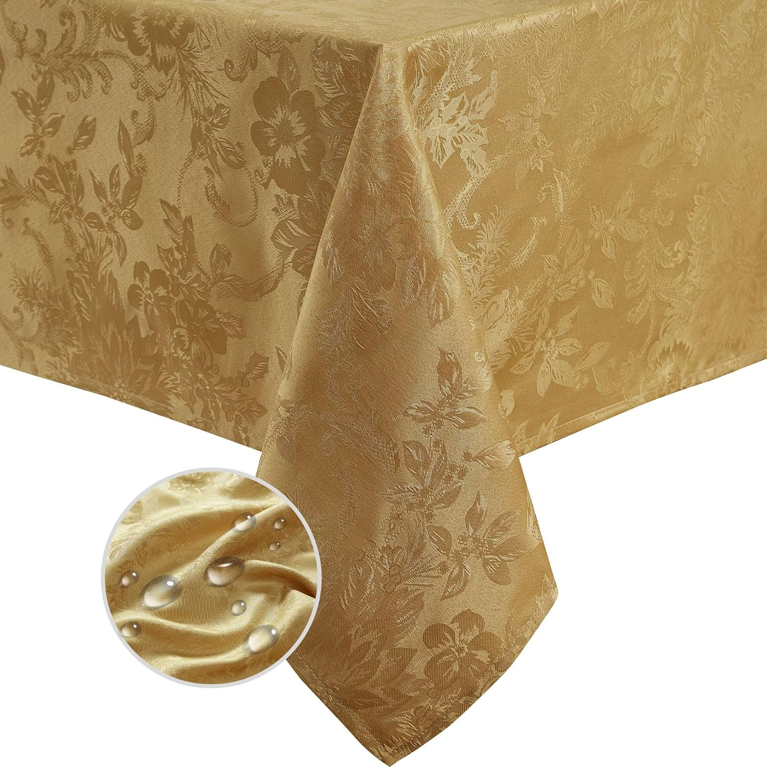 Poinsettia Elegance Jacquard Holiday Tablecloth - 52" Square - Gold - Elrene Home Fashions
