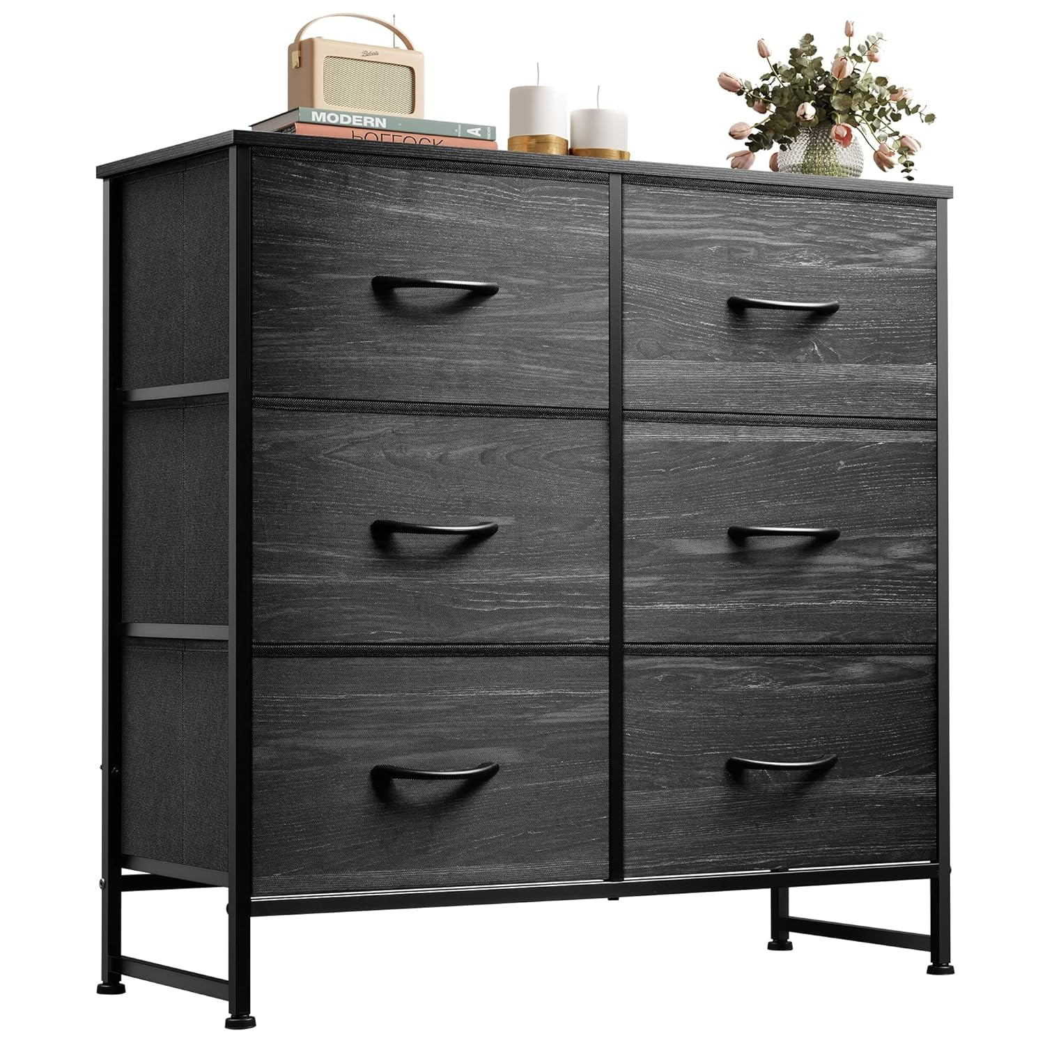 WLIVE Black Dresser for Bedroom, 6 Drawer Double Dresser, Fabric Storage Tower with Fabric Bins, Chest of Drawers for Closet, Living Room, Hallway