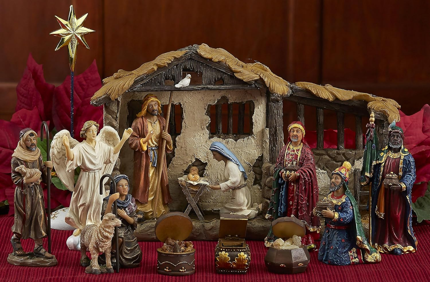 Three Kings Gifts Nativity Set for Christmas Indoor 23 Piece 5 Inch Figures with Lighted Stable, Palm Tree and Chests of Gold, Frankincense and Myrrh