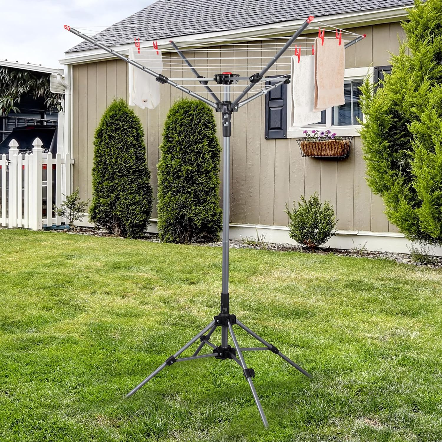 STO STO Portable Umbrella Clothesline, 82 Feet Rotary Drying Rack with Adjustable Height, Freestanding Laundry Line for Backyard, Patio, Balcony & Camping, Easy Setup with Carry Bag, No Tools Required