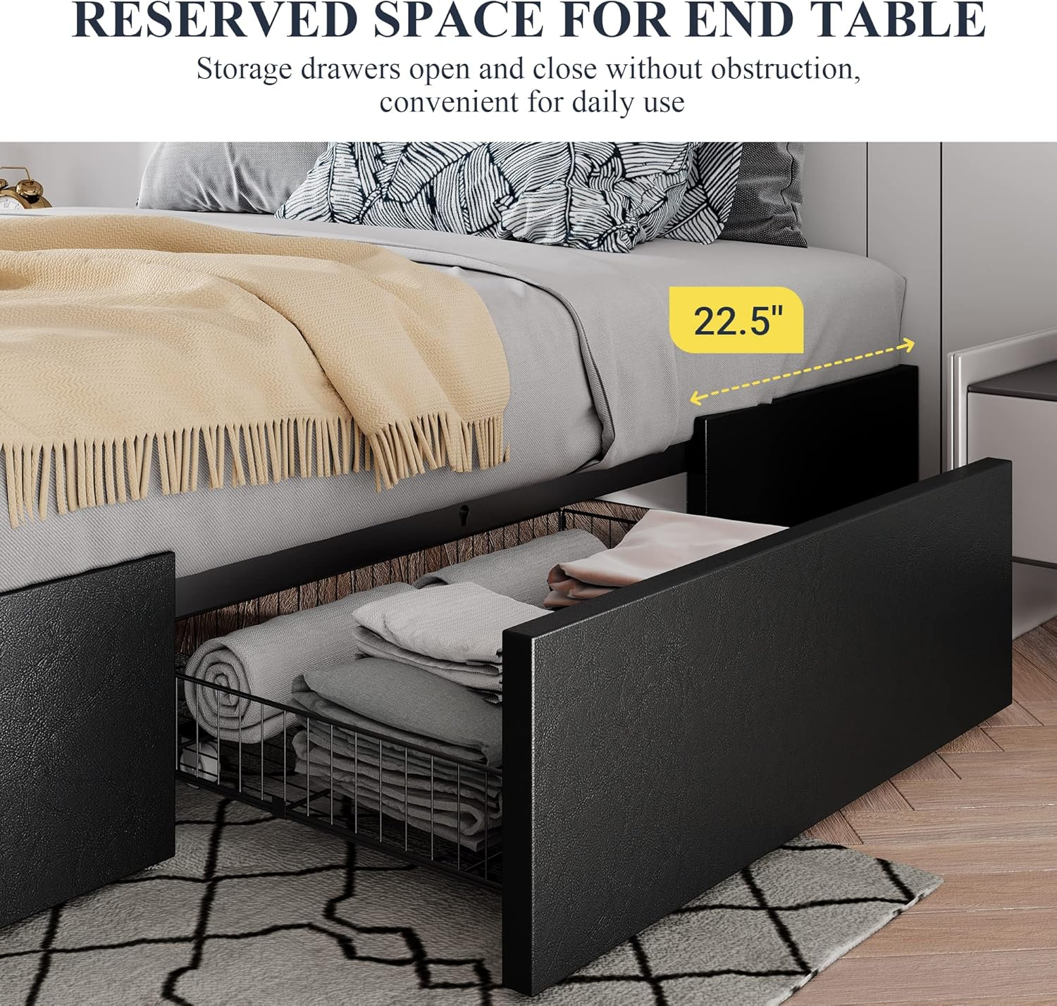 Modern Black Faux Leather Queen Bed Frame with Storage Drawers