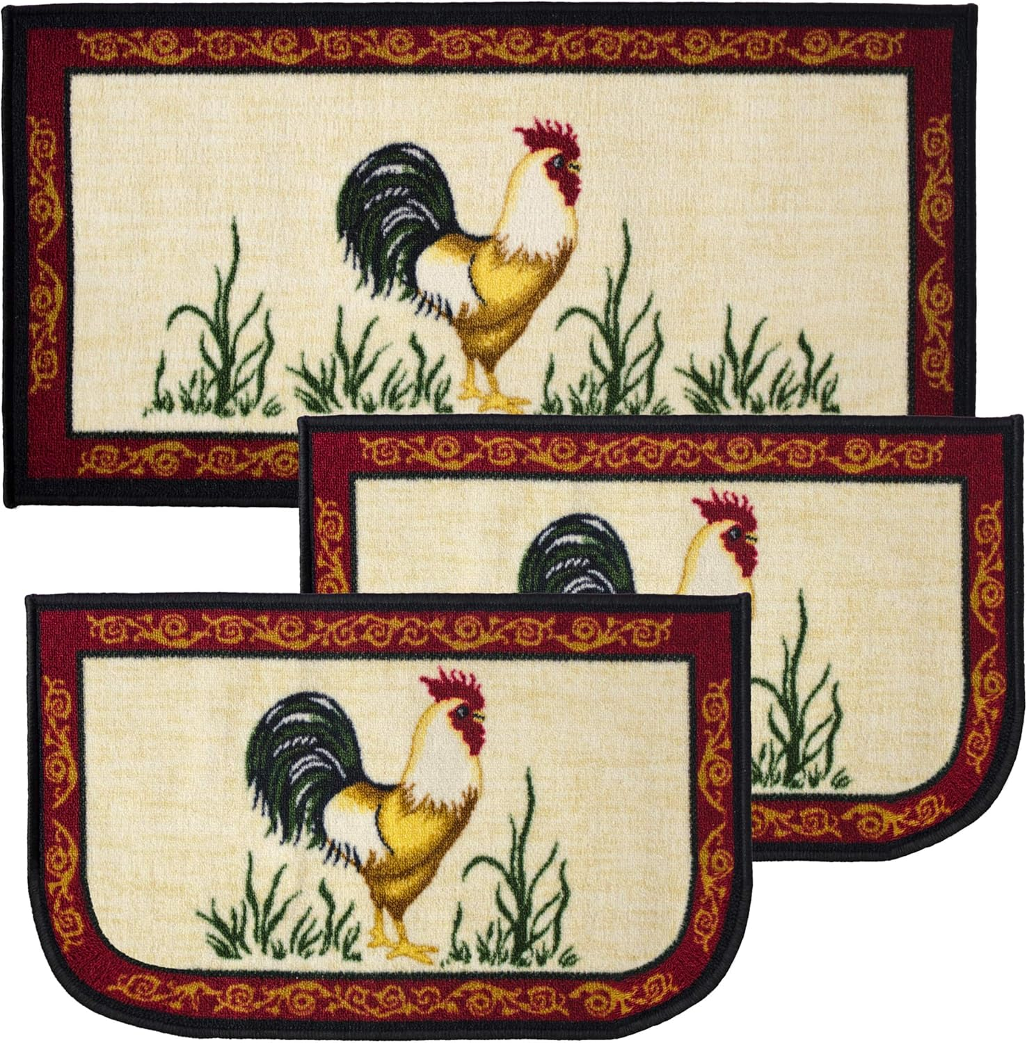 Kashi Home Kitchen Rug, Printed Area Rug, Durable Floor, Door Mat, Farmhouse Non-Slip Carpet Latex Backing Beautiful Design Chef 3pc Set (2 18x30 D Shape & 1 20x40)