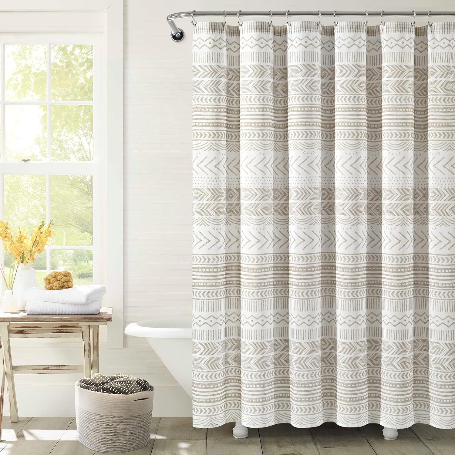72 in. x 72 in. Hygge Geo Shower Curtain Taupe/White Single