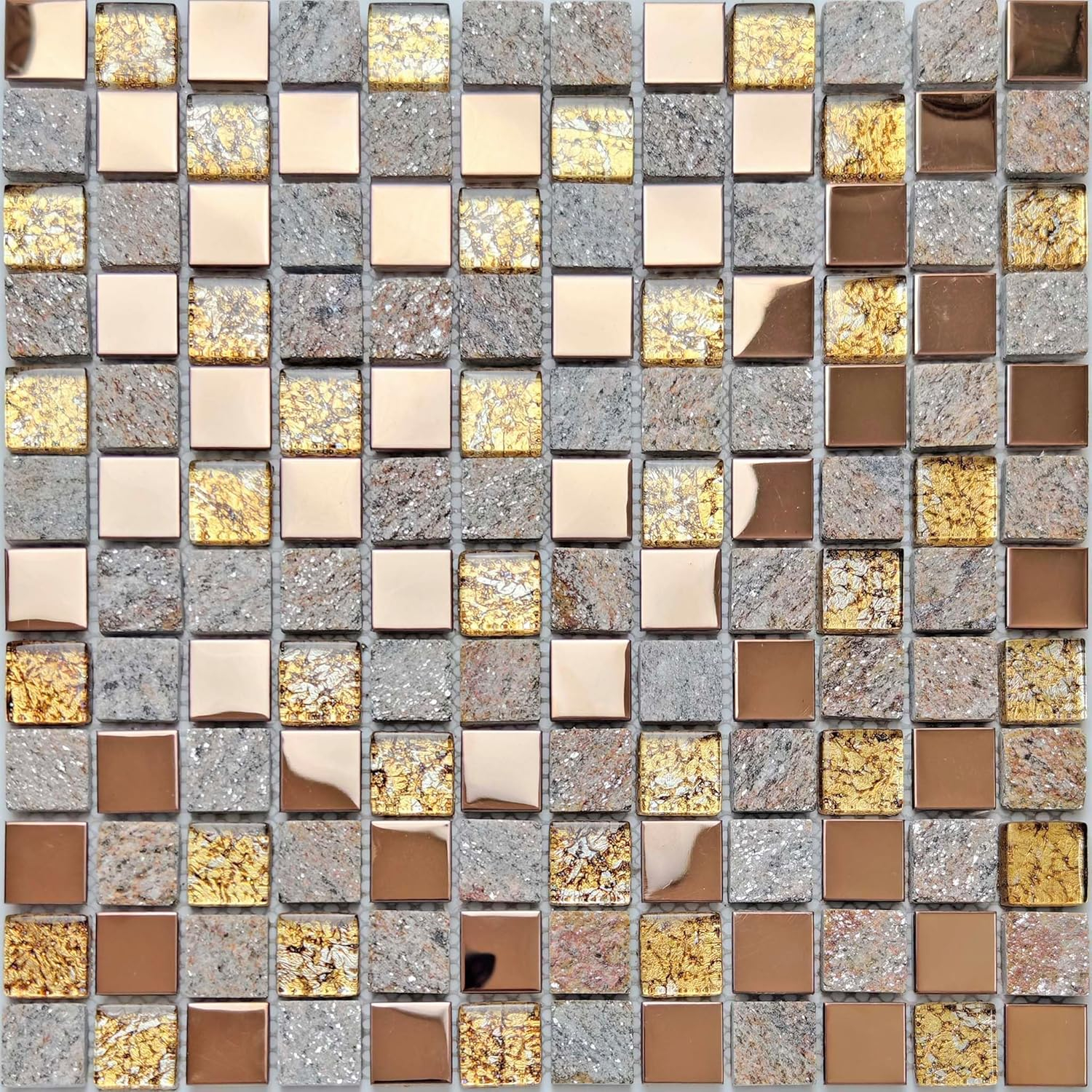 Luxury Glass Stone Tile Rose Gold Glitter Metal Mosaic Accent Backsplash Tiles in Kitchen Bathroom Walls and Fireplace Decor (5 Square Feet)