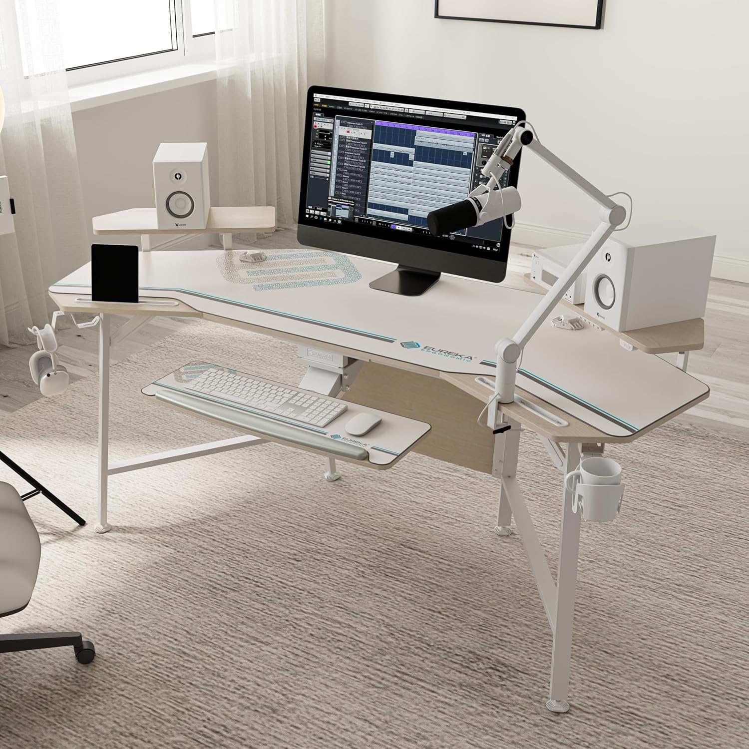 EUREKA ERGONOMIC 72" Computer Desk W Keyboard Tray, Wing-Shaped Music Studio Desk, Large Gaming Desk W LED Convertible Monitor Stand Dual Headphone Hanger for Recording Live Streamer,Maple