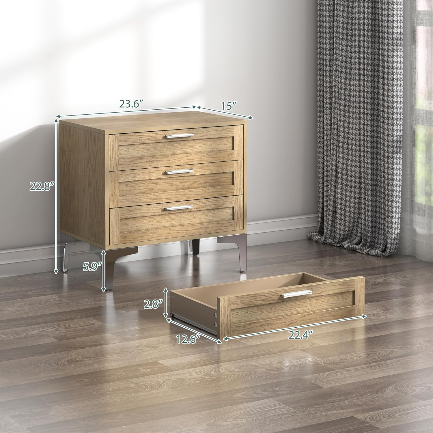 WiberWi Night Stand 3 Drawer Nightstand Dressers for Bedroom Mid-Century Modern Couch Side End Table for Living Room Wood Bedside Table with Drawers&Polished Silver Legs,Light Walnut