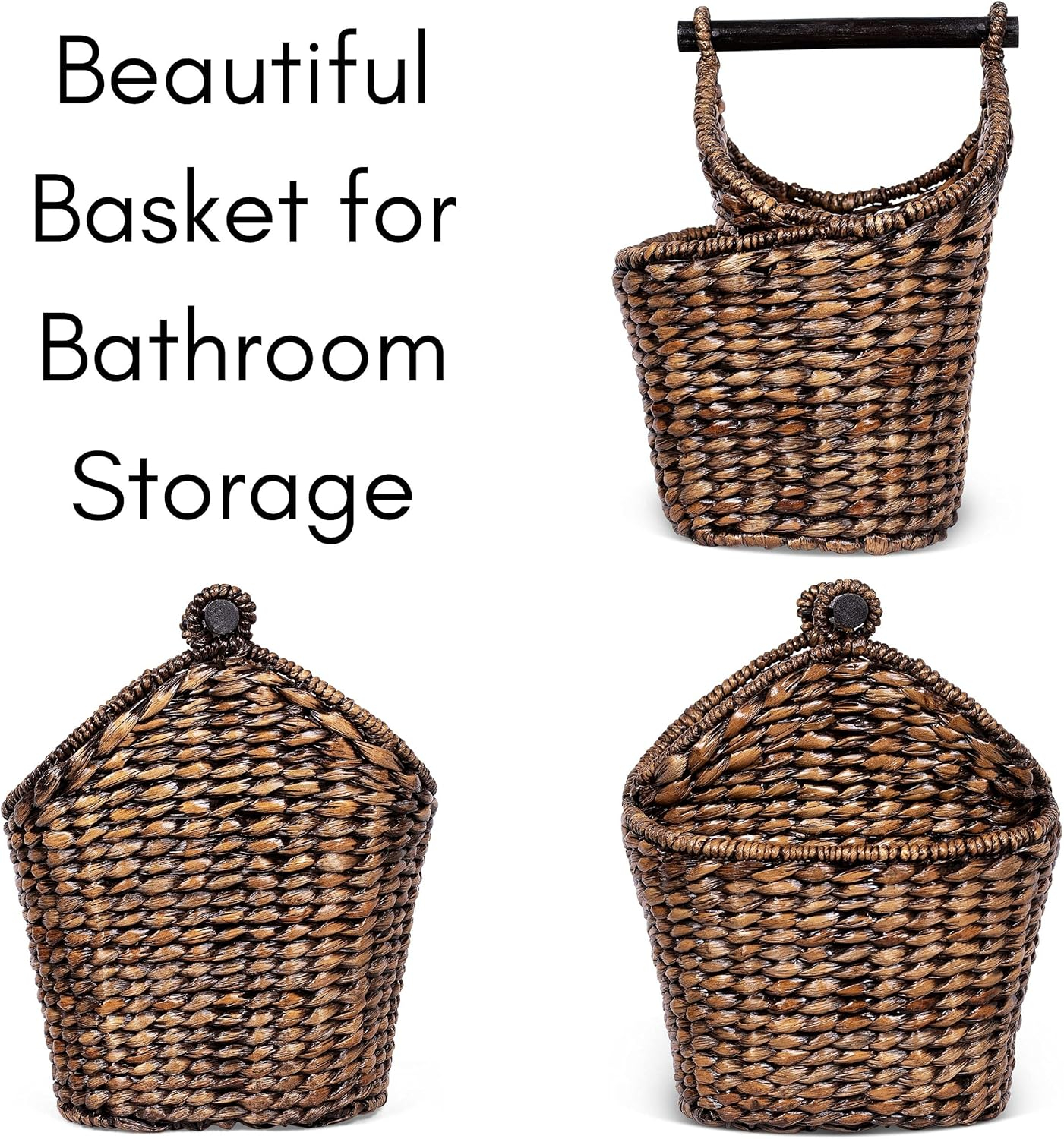 Hand-Woven Brown Seagrass Rectangular Basket with Wooden Handle