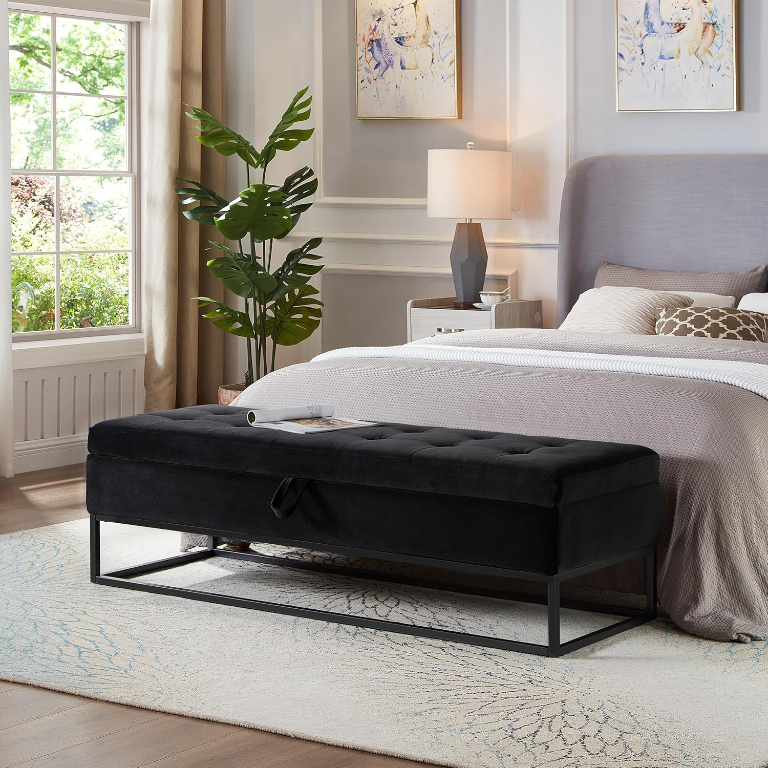 58.6" End of Bed Bench, Storage Bench with Metal Base Holds up to 500 lbs, Button Tufting Design Velvet Upholstered Bedroom Bench for End of Bed, Livingroom, Entryway, Window, Black