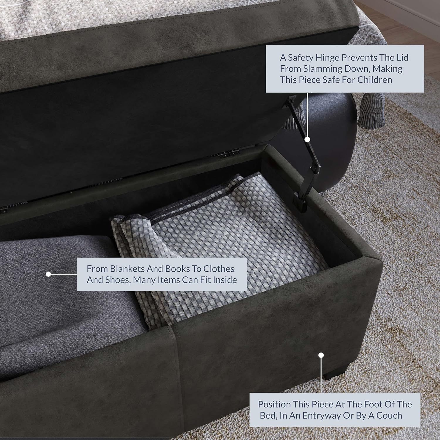 BELLEZE Storage Ottoman Bench Footstool - Amherst (Rustic Gray)