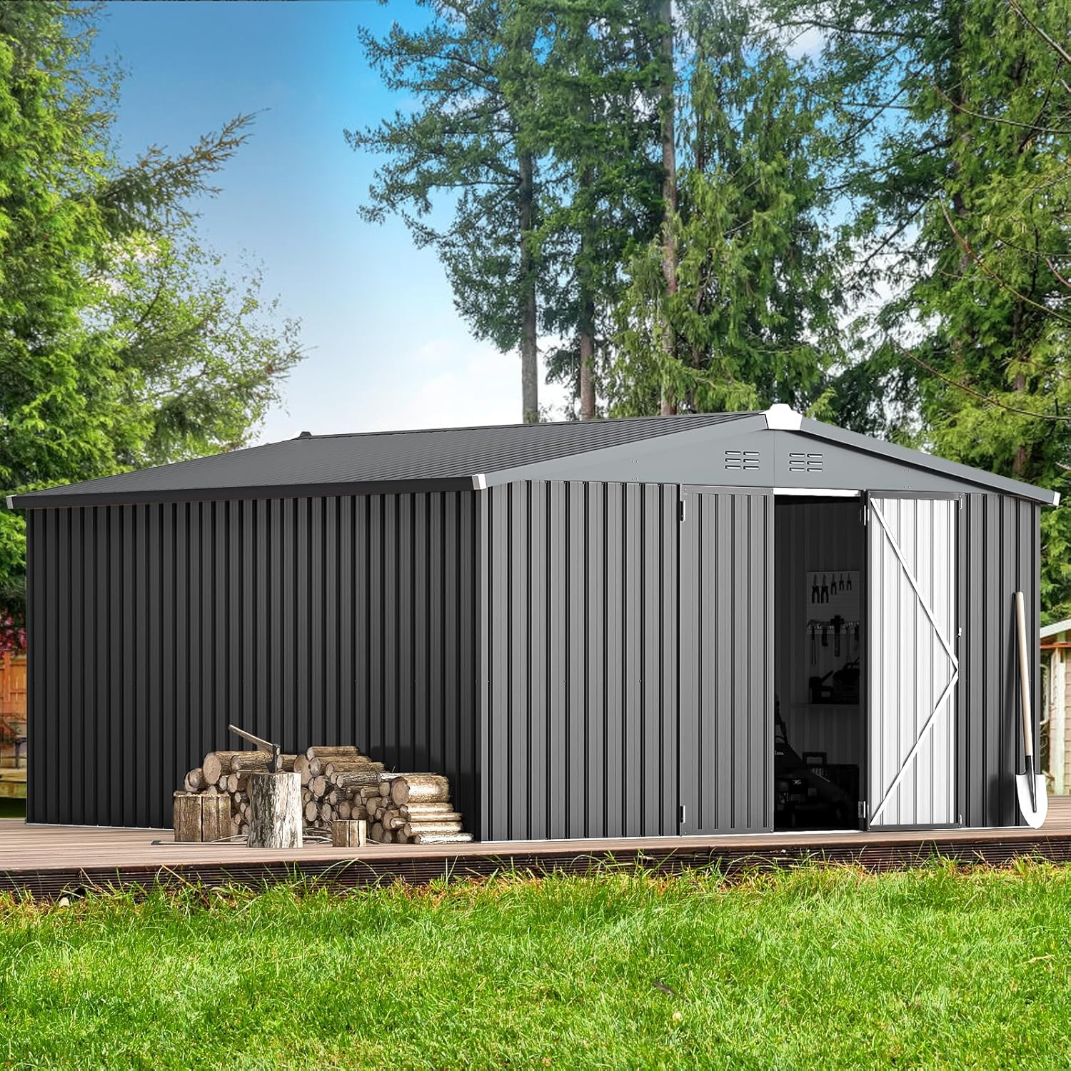 AECOJOY 12' x 12' Outdoor Storage Shed with Lockable Door Patio Metal Garden Storage Building in Dark Gray for Outside