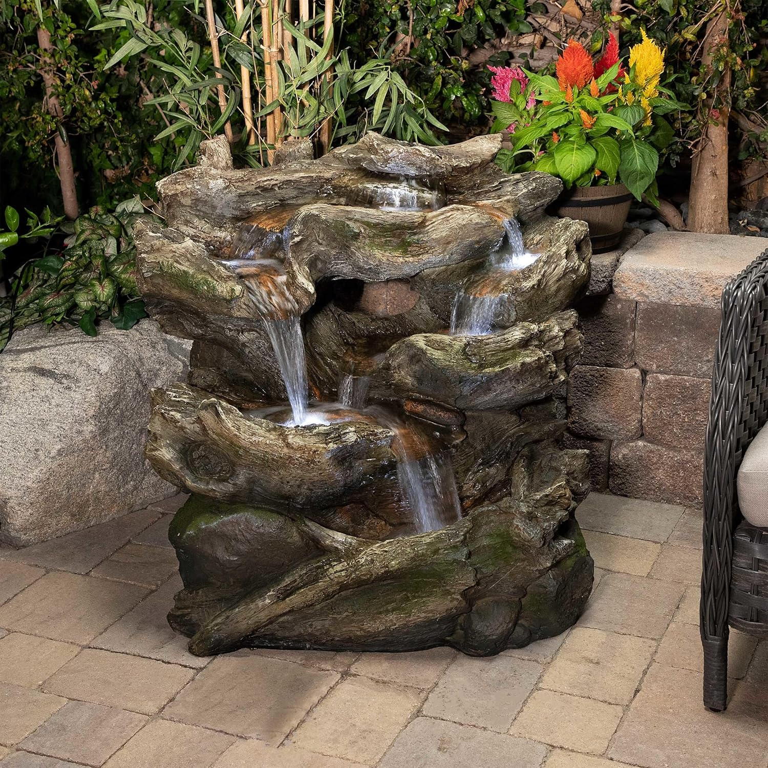 Alpine Corporation 40" x 23" x 30" Outdoor Polystone Light-Up Rainforest Plug-In Fountain, Brown