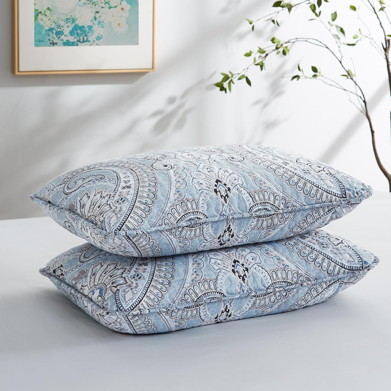 Southshore Fine Living, Inc. Paisley Boho Throw Pillow Covers 20"x26", Quilted Pillow Shams Standard Size Set of 2, Fit Queen or Full Pillows, Complements Boho Bedroom Decor, Aqua Paisley