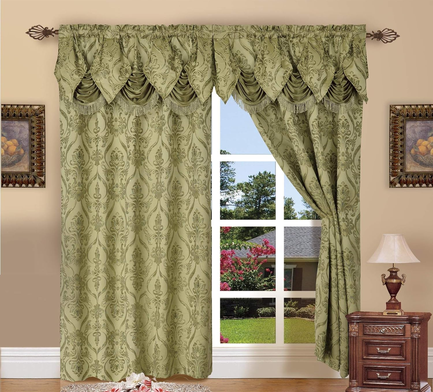 Luxury Home Textile Green Damask Rod Pocket Light Filtering Kitchen Curtains, 54” x 84” (2 Panels)
