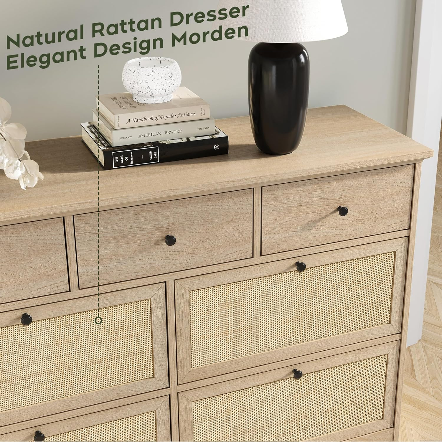 Yechen 7 Drawers Natural Rattan Dresser for Bedroom, Mid-Century Modern Natural Wood Dressers with Elegant Tabletop, Boho Chest of Drawers TV Stand with Sturdy Base for Living Room, Baby Nursery
