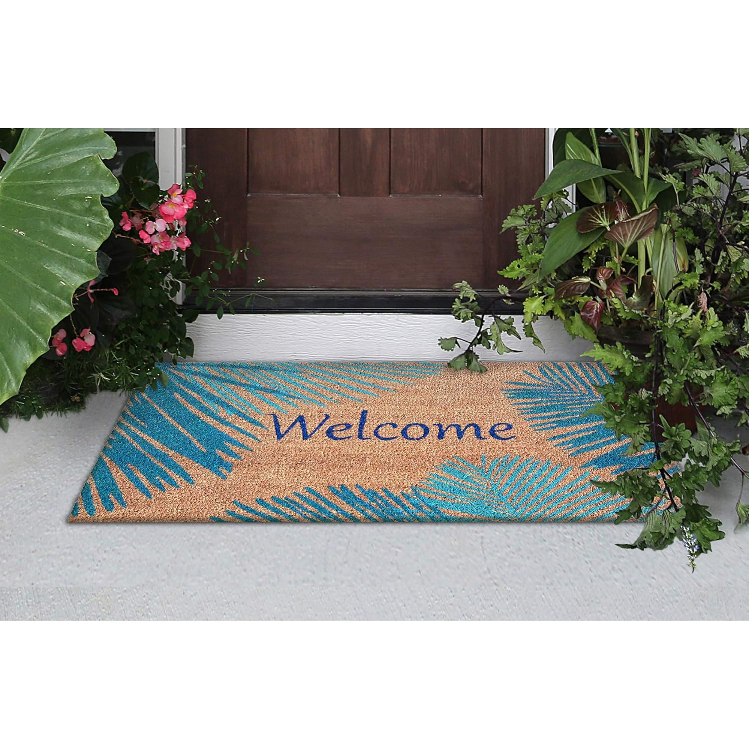 Blue Palm Border Coir Outdoor Welcome Mat