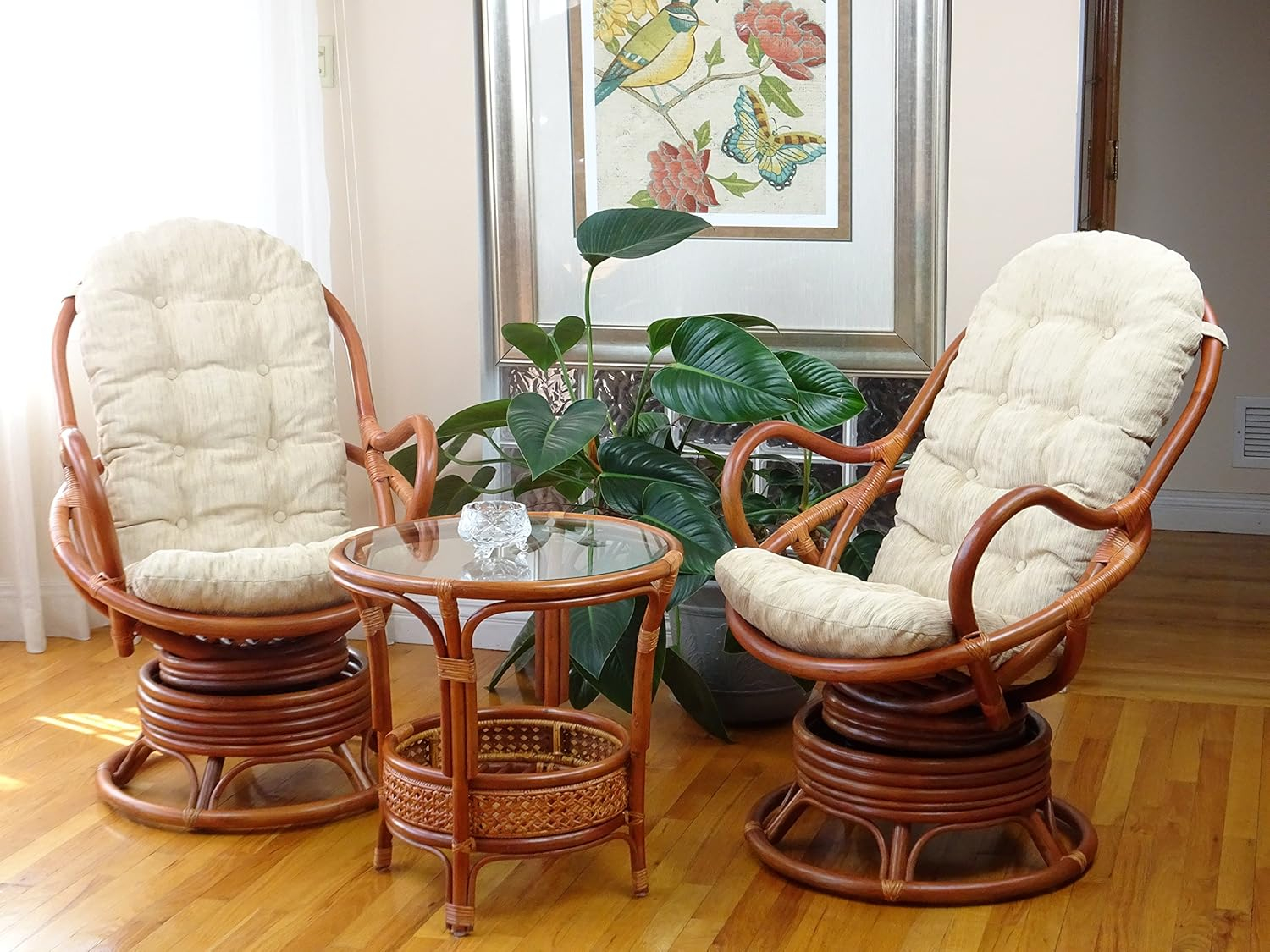 SK New Interiors Pelangi Coffee Round Table Natural Rattan Wicker with Glass Top Handmade, Colonial
