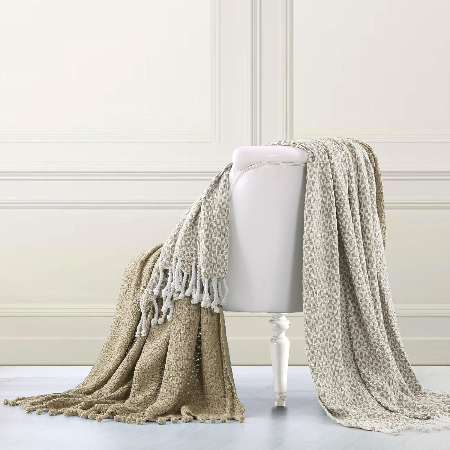 Modern Chic 100% Cotton Taupe Throw Blanket Pair with Fringe