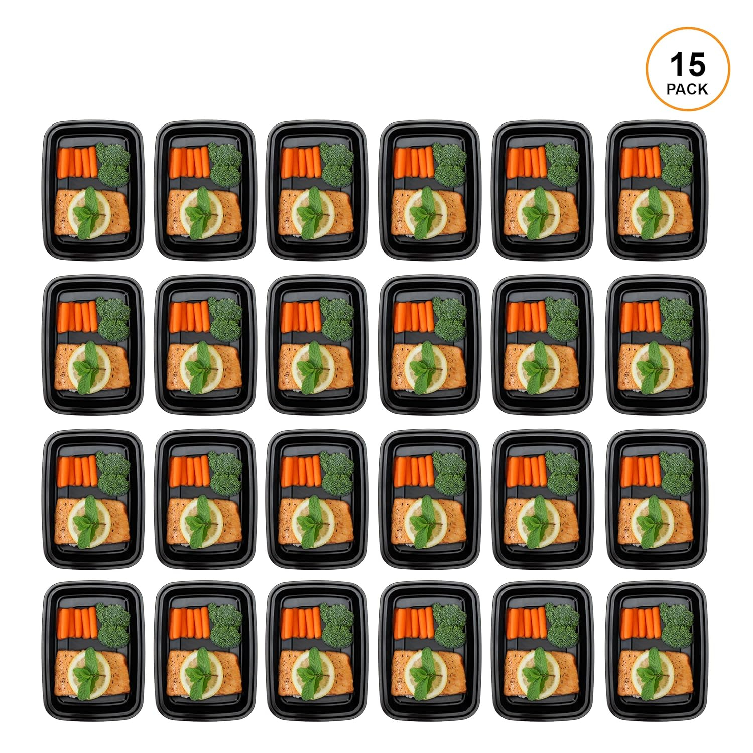 Freshware Meal Prep Containers [15 Pack] 1 Compartment Food Storage Containers with Lids, Bento Box, BPA Free, Stackable, Microwave/Dishwasher/Freezer Safe (28 oz) Black