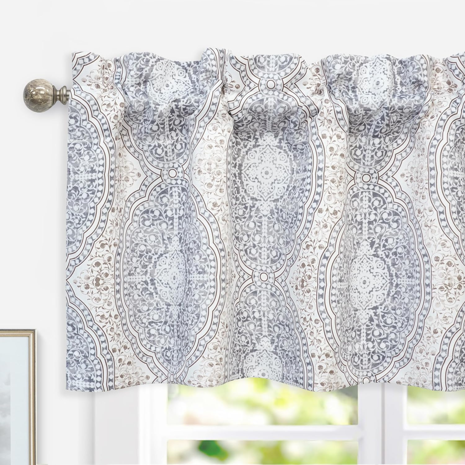DriftAway Adrianne Damask/Floral Pattern Window Curtain valance 52”x18”, Beige/Gray