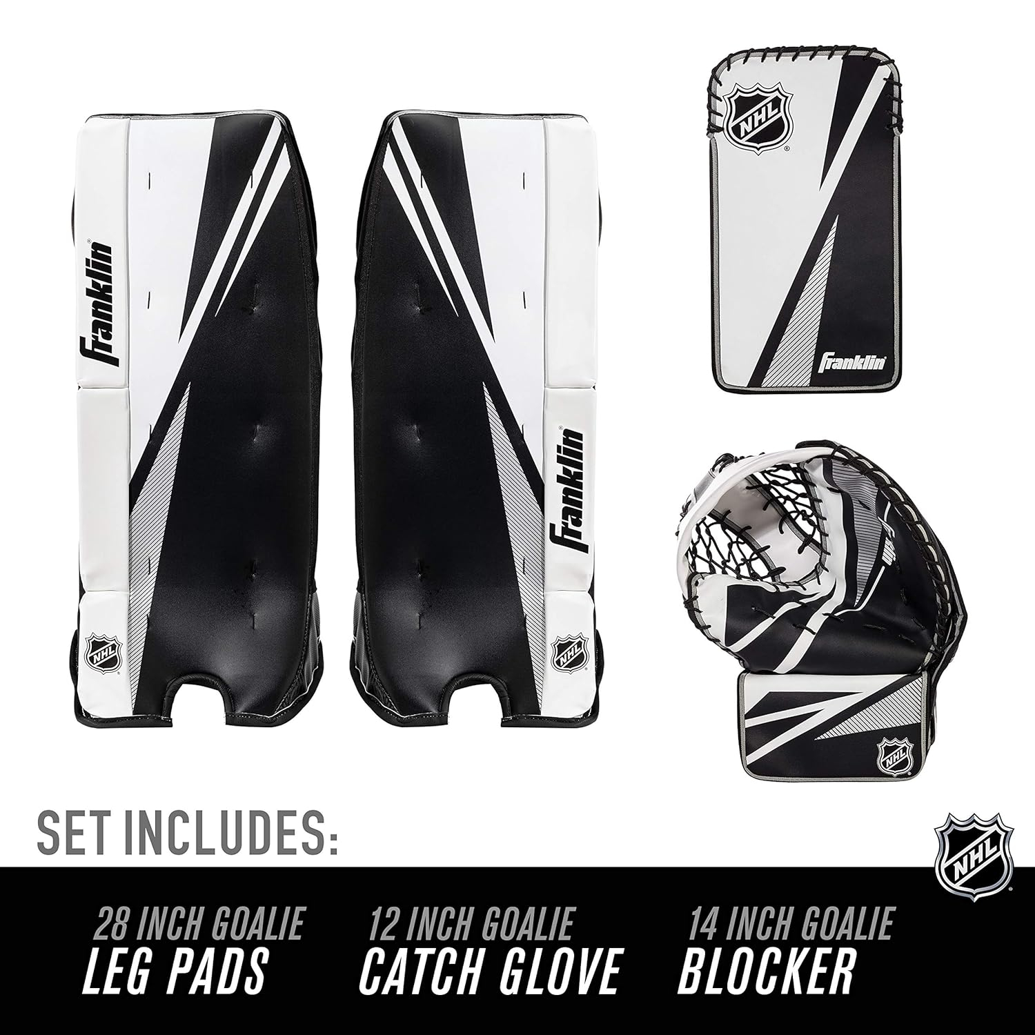 Franklin Sports Street Hockey Goalie Equipment Set - NHL Youth Street Hockey Goalie Pads - Leg Pads, Catch Glove, and Blocker - Youth Goalie Gear Black, 12"