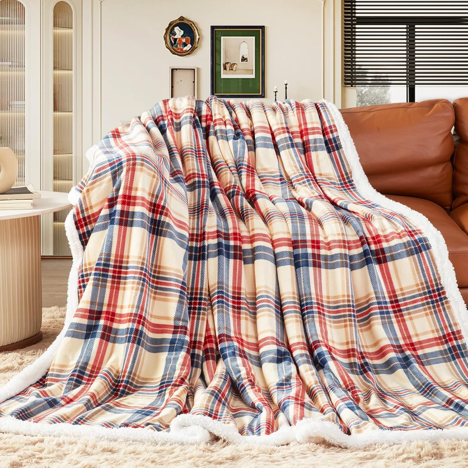 inhand Sherpa Throw Blanket Plaid Checkered Warm Blanket for Couch, Bed, Sofa Reversible Fluffy Flannel Fleece Blanket and Throw for Adults, Women, Men, Ideal for Christmas (Dark Red, 50”x 60”)