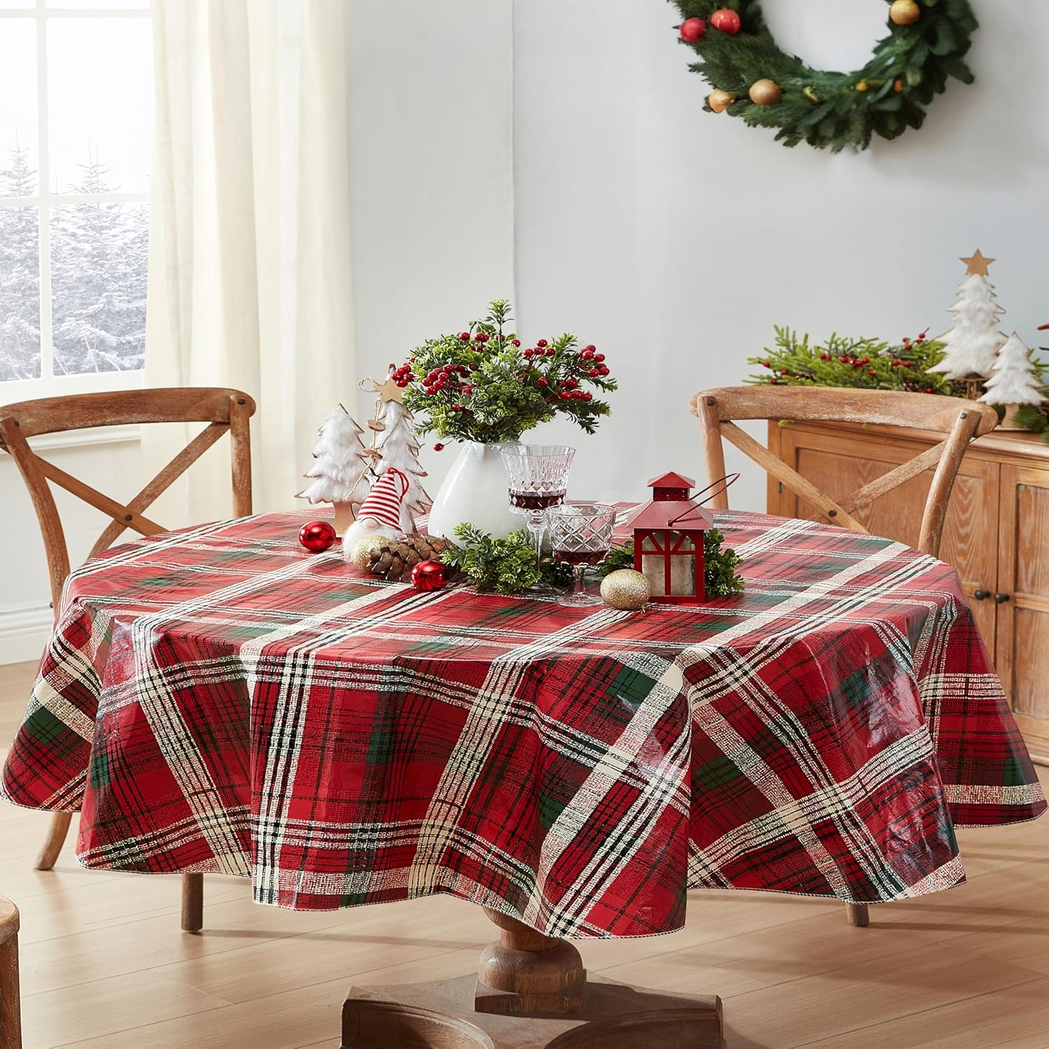Oval Red and Green Plaid Vinyl Holiday Tablecloth, 60" x 84"
