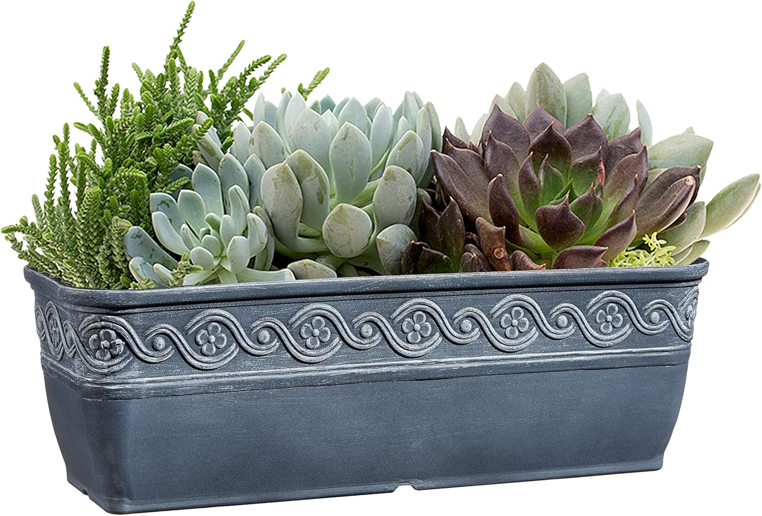 Classic Home and Garden Corinthian Rectangular Planter Box w/Drain Plug - Small Succulent Pots - Shallow Trough Planter for Indoor/Outdoor (10” Storm Gray, Pack of 3)