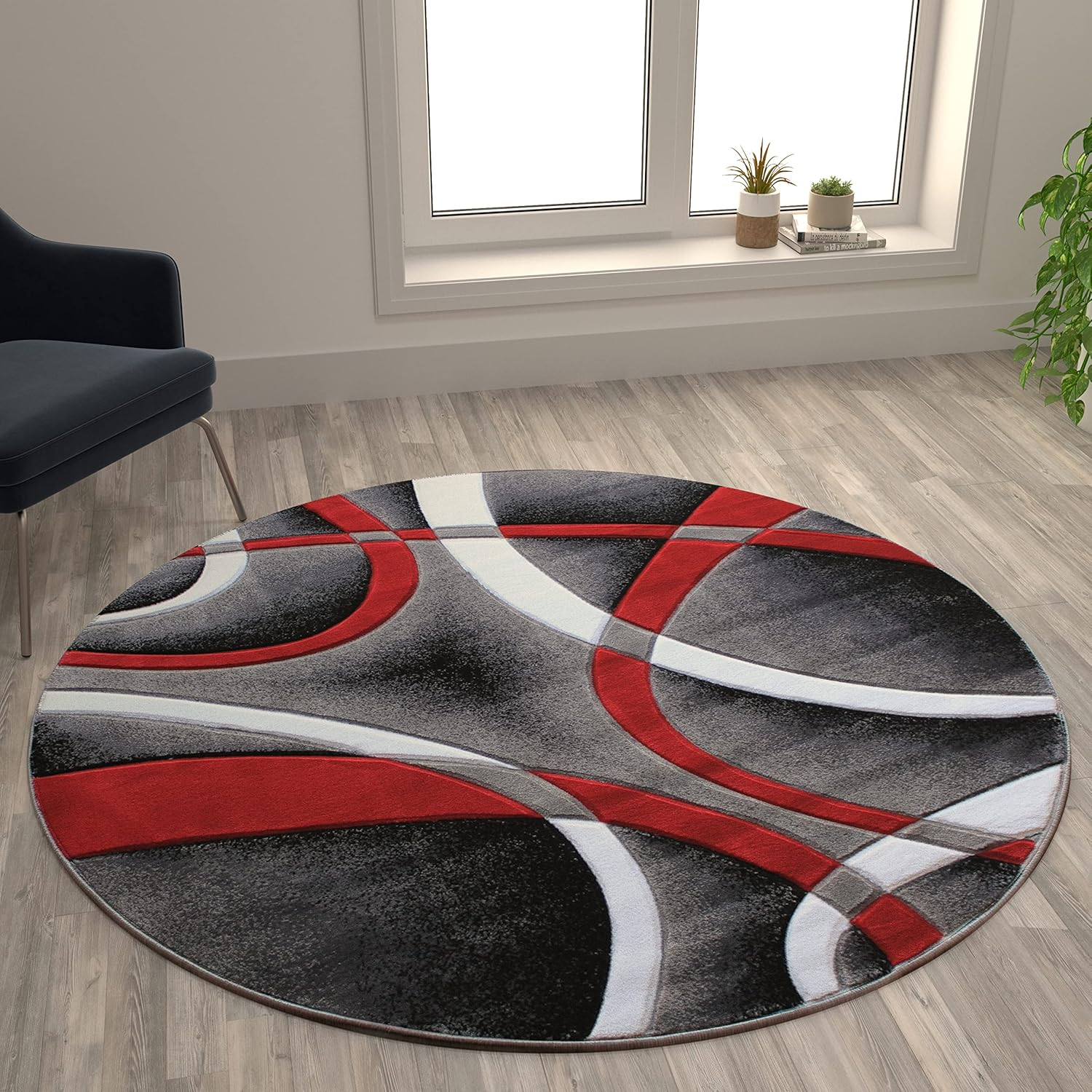 Modern Red and Gray Abstract Round Synthetic Area Rug 5' x 5'