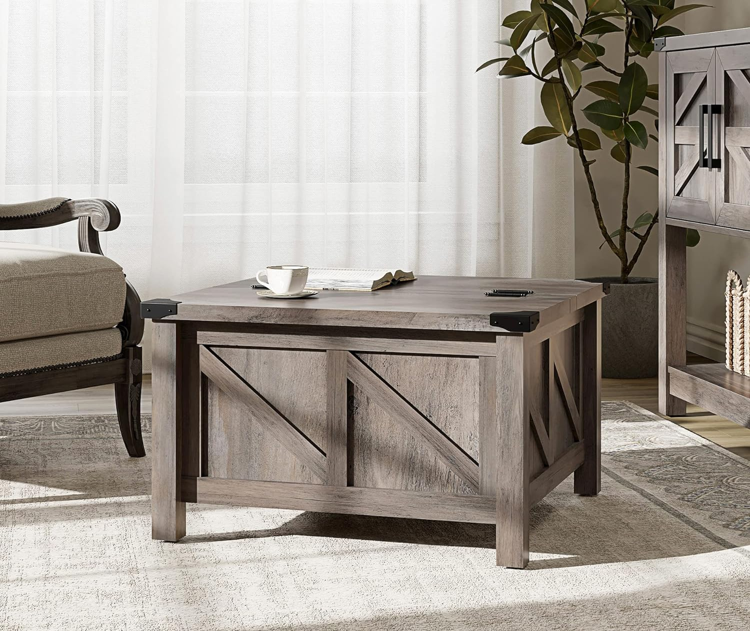 WAMPAT Square Farmhouse Coffee Table with Storage for Living Room, 30x30 inch Wooden Dining Center Table with Gas Spring Flip-Top for Large Hidden Storage, Metal Wrapped Table Corners, Washed Grey