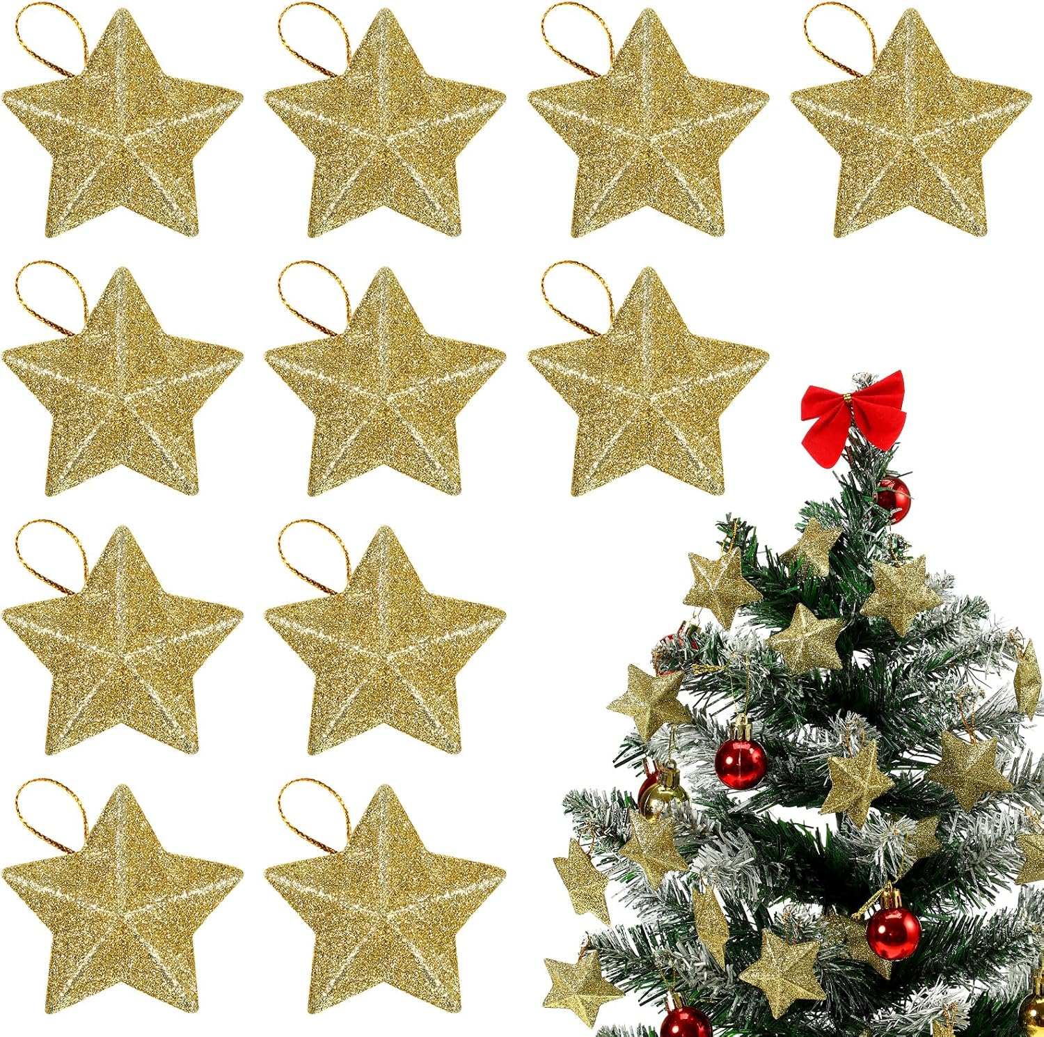30Pcs Mini Gold Glitter Star Pendant Christmas Tree Hanging Decorations Xmas Star Pendant Tree Ornament Decoration for Christmas