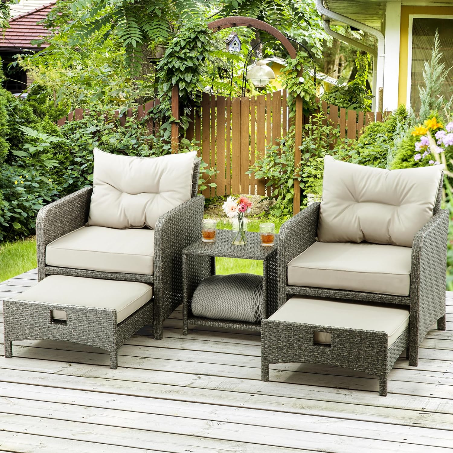 Pamapic 5 Pieces Outdoor Patio Wicker Chairs Set with Ottoman Outside Conversation Furniture Set with Cushions and Coffee for Balcony Porch Lawn Garden Table(Grey Cushion+Light Grey Rattan)