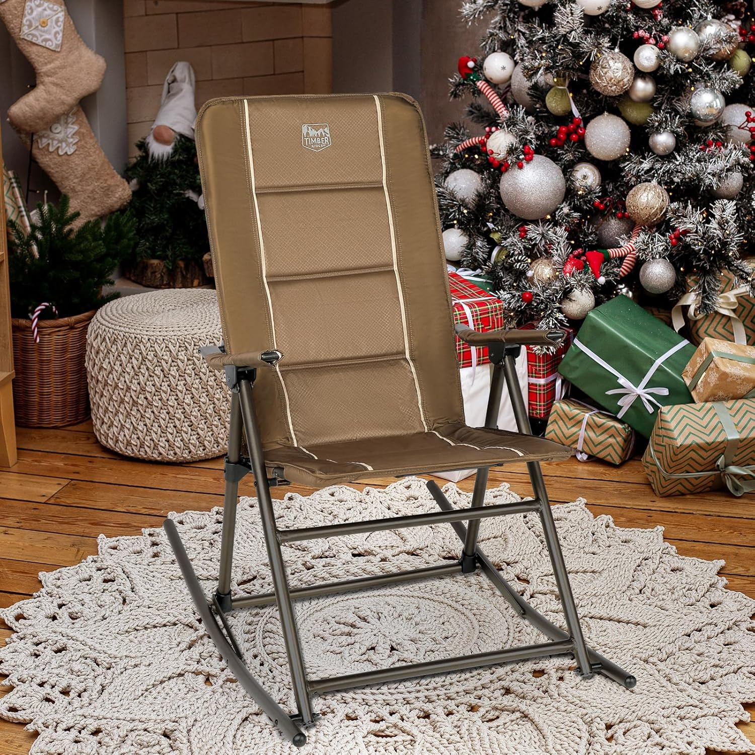 TIMBER RIDGE Folding Rocking Camping Chair, Padded High Back Outdoor Rocking Chair with Side Pocket, Portable Rocker Lawn Chairs for Adults, Heavy Duty Supports 300 LBS, Brown-1 Pack