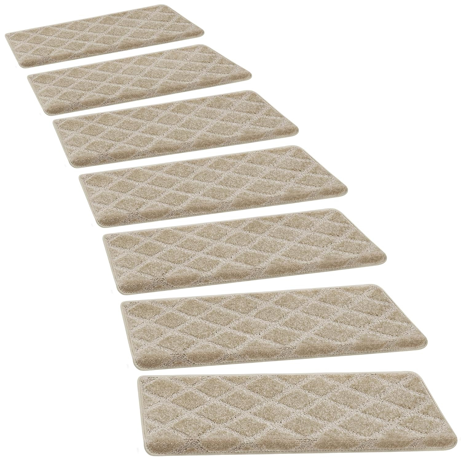 PURE ERA Bullnose Carpet Stair Treads Protectors for Wooden Steps 9.5" x 30"x1.2" Pet Friendly Tape Free Non-Slip (Set of 14 Pieces,Cream Gray Diamond Trellis)