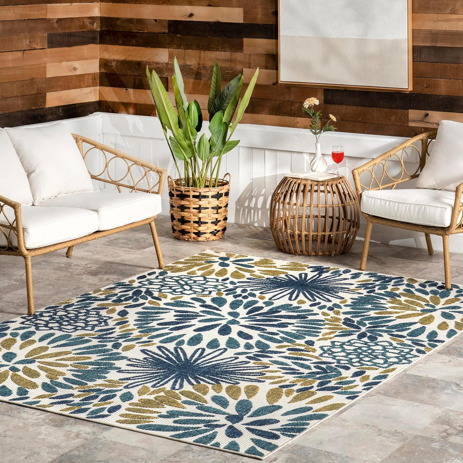 Teal and Olive Green Floral Synthetic 8' x 10' Area Rug