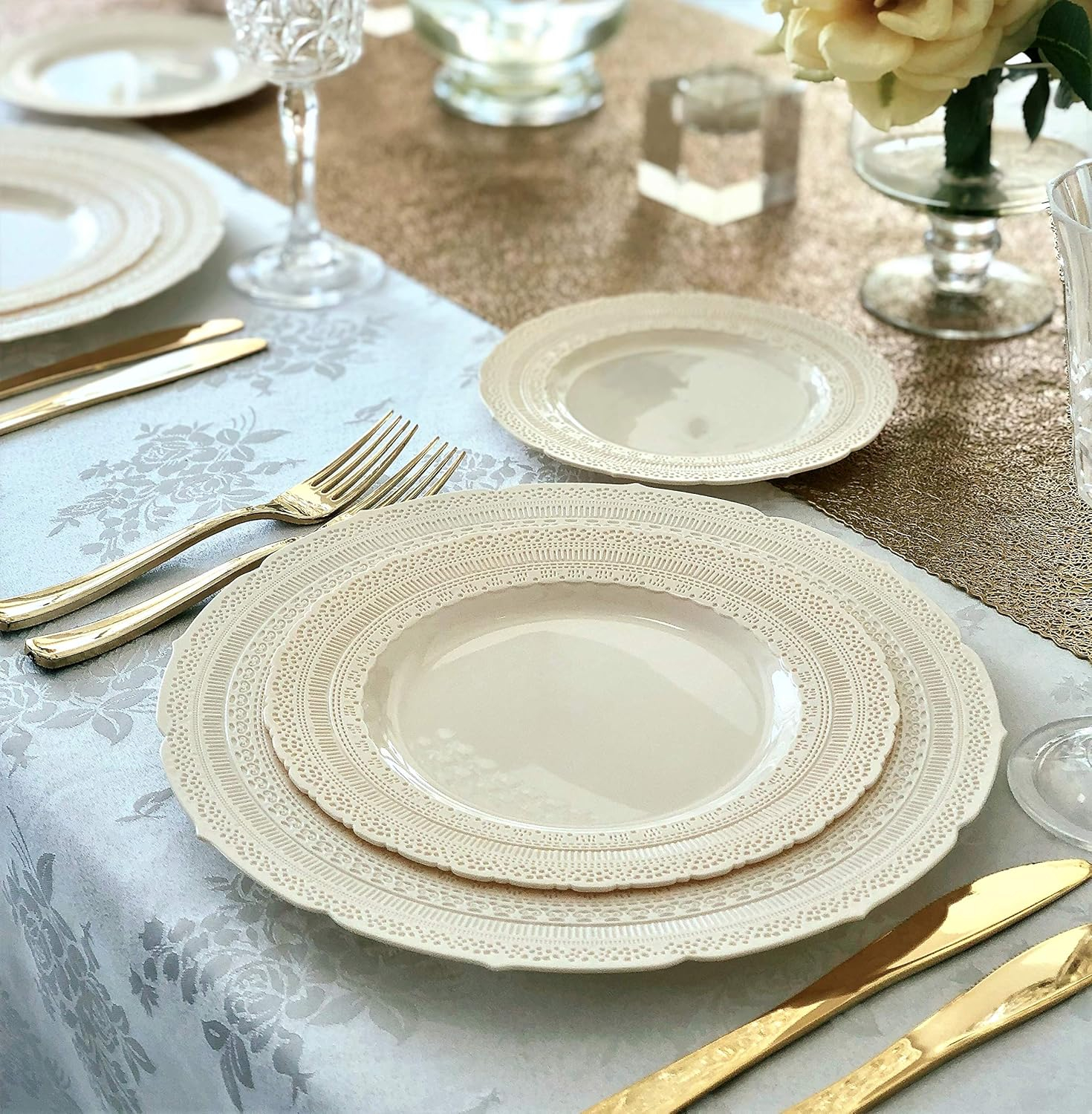 OCCASIONS 720 Pcs set(120 guest) - Extra Heavyweight Vintage Wedding Party Disposable Plastic Plates + Silverware (Double Fork) (Chateau in Ivory, Gold Silverware)