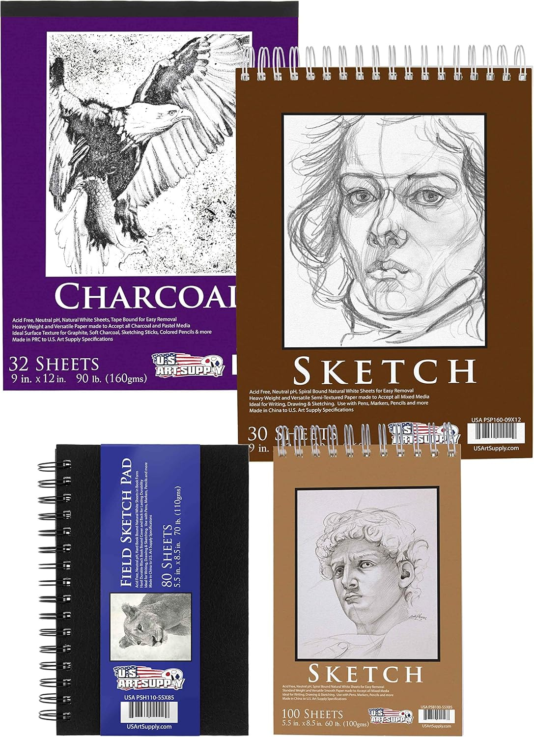 U.S. Art Supply Set of 4 Different Styles of Sketching and Drawing Paper Pads (242 Sheets Total) - 2 Each 5.5" x 8.5" and 9" x 12" Premium Spiral Bound Sketch, Draw, Charcoal Pencil, Mixed Media Pads