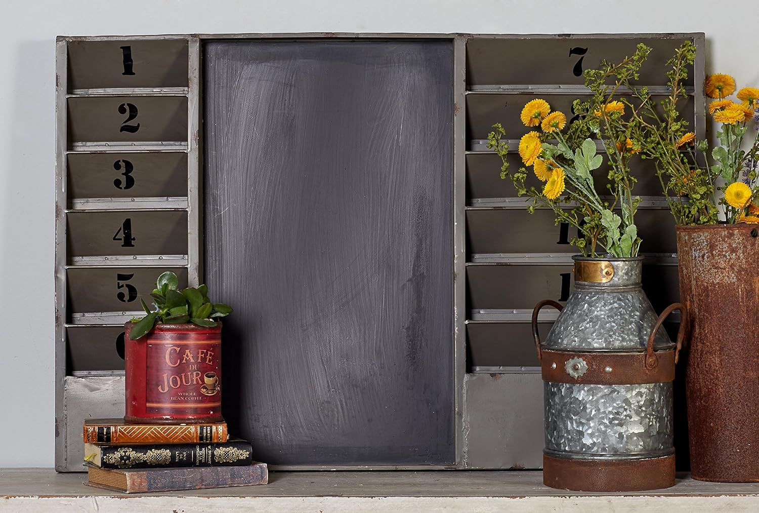 DecMode Gray Metal Chalkboard File Holder Sign Wall Decor with Black Numbers