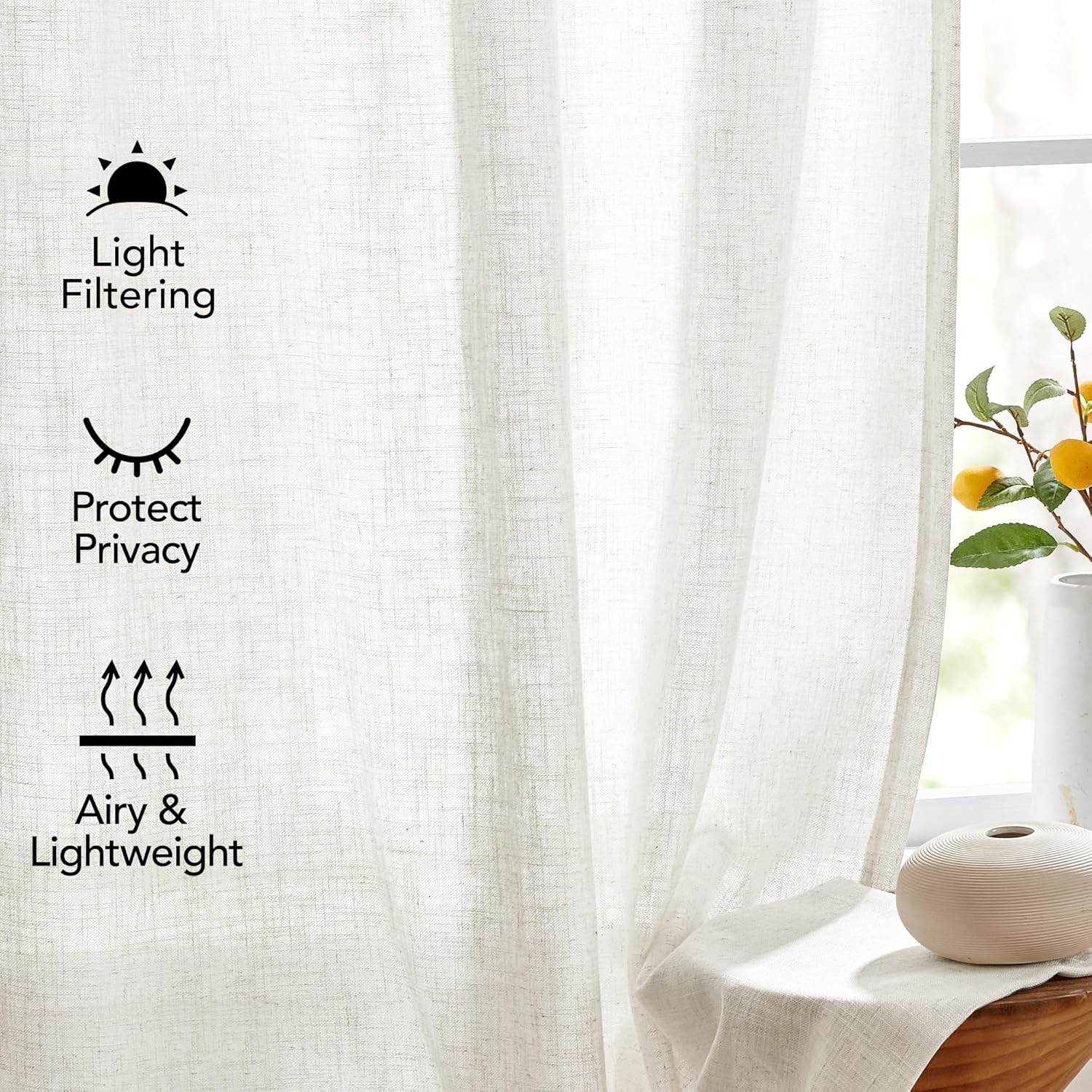 Deconovo Semi-Sheer Linen Curtains – Light Filtering & Privacy Enhancing – Modern Textured Drapes with Back Tab & Rod Pocket – 2 Panels for Living Room, Bedroom & Patio, Cream, 40Wx84L