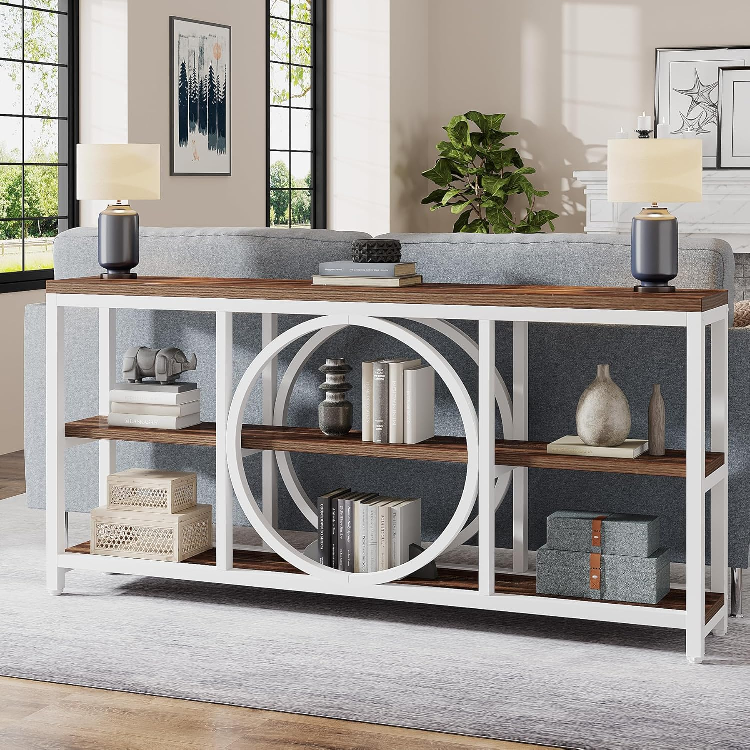 GVN Console Table, Entryway Table, 70.9" Console Table, Narrow Sofa Table with 3 Tier Storage Shelves,White & Walnut