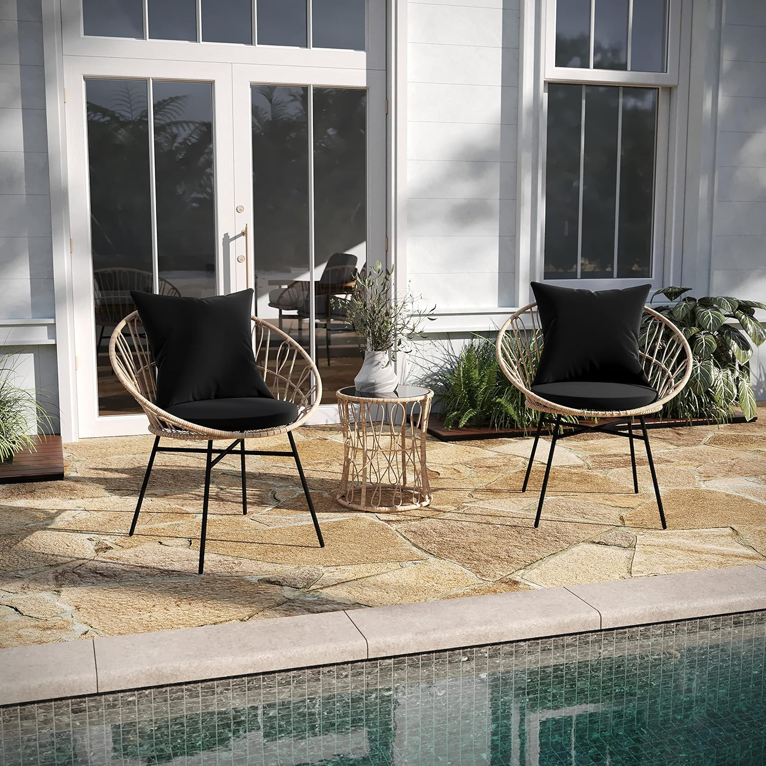 Taylor & Logan Fielder 3-Piece Tan Indoor/Outdoor Bistro Set with Papasan Style Rattan Rope Chairs, Glass Top Side Table & Black Cushions