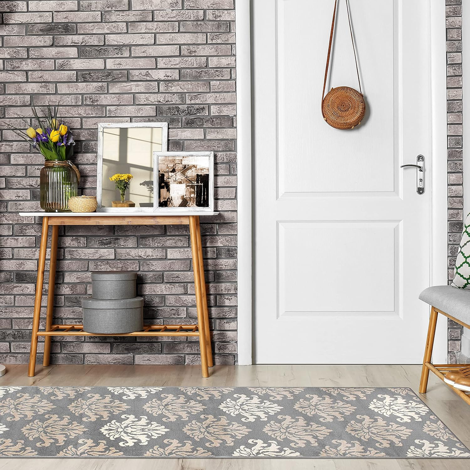 Superior Designer Casper Collection Area Rug, 8mm Pile Height with Jute Backing, Chic Tonal Damask Pattern, Anti-Static, Water-Repellent Rugs - Blue, 2'7" x 8' Runner Rug