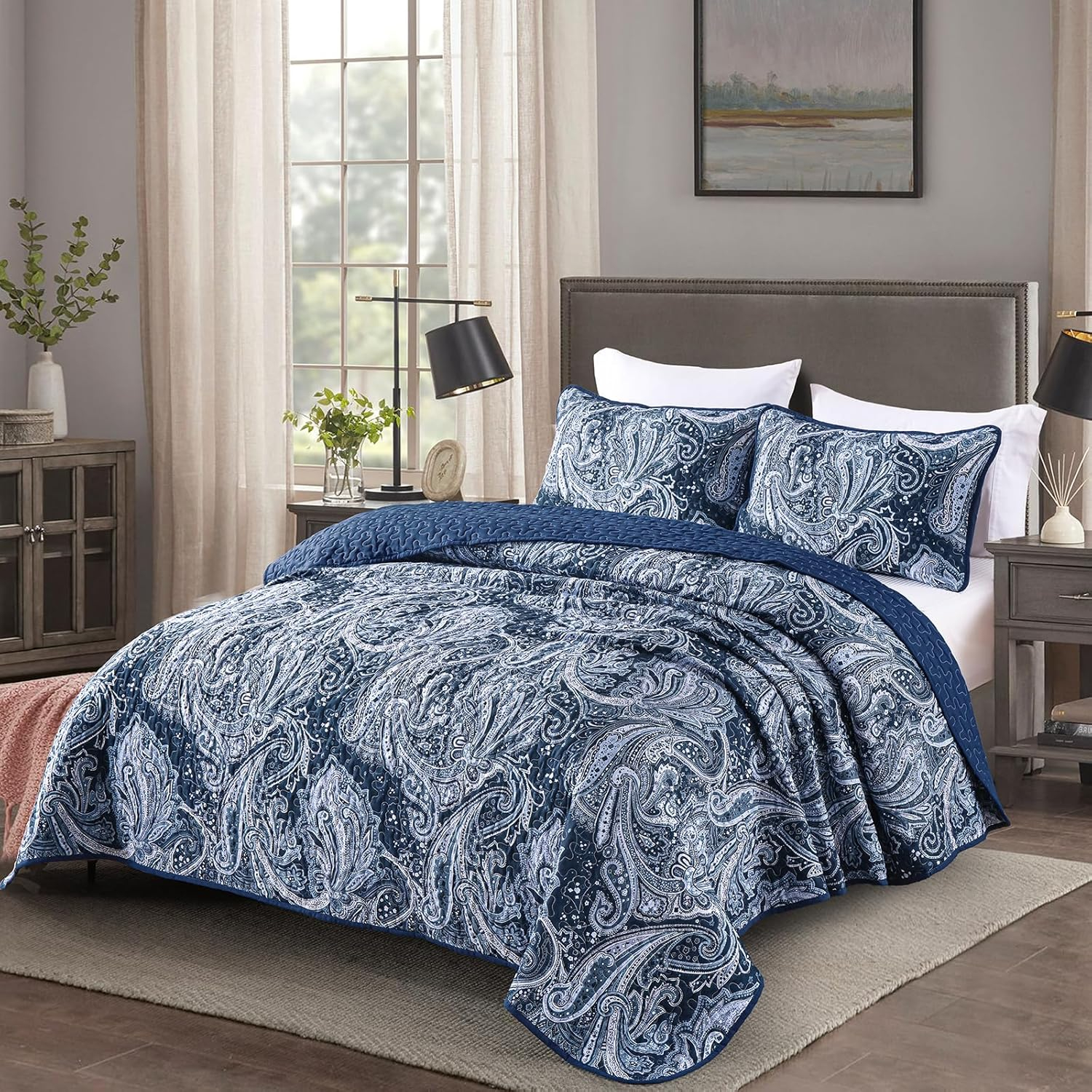 DJY Navy Paisley Quilt Set Queen Boho Bedspread Coverlet Set 3 Pieces, Soft Lightweight Microfiber Navy Blue Paisley Floral Pattern Bedding for All Season, 96"x90"