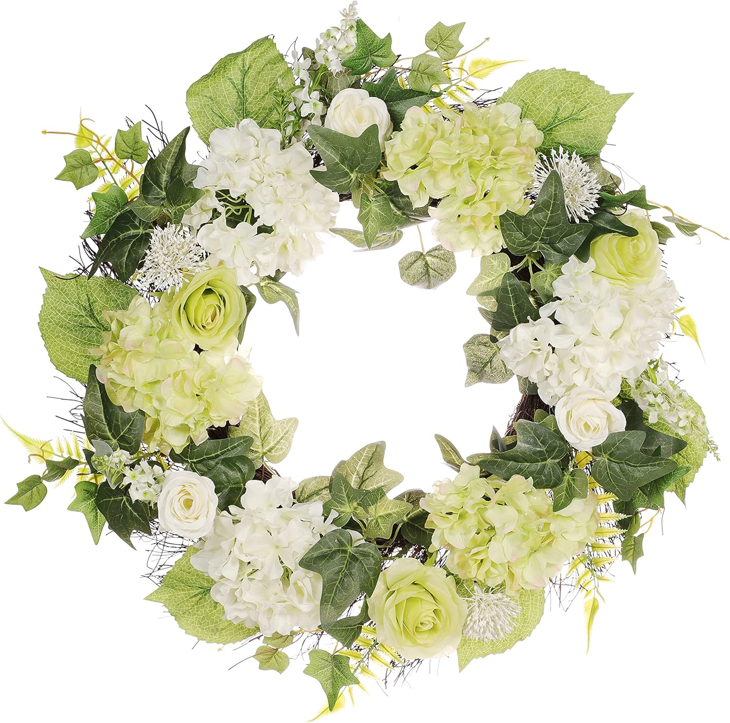 Puleo International 24 in. Artificial Hydrangea, Rose Floral Spring Wreath with Green Leaves