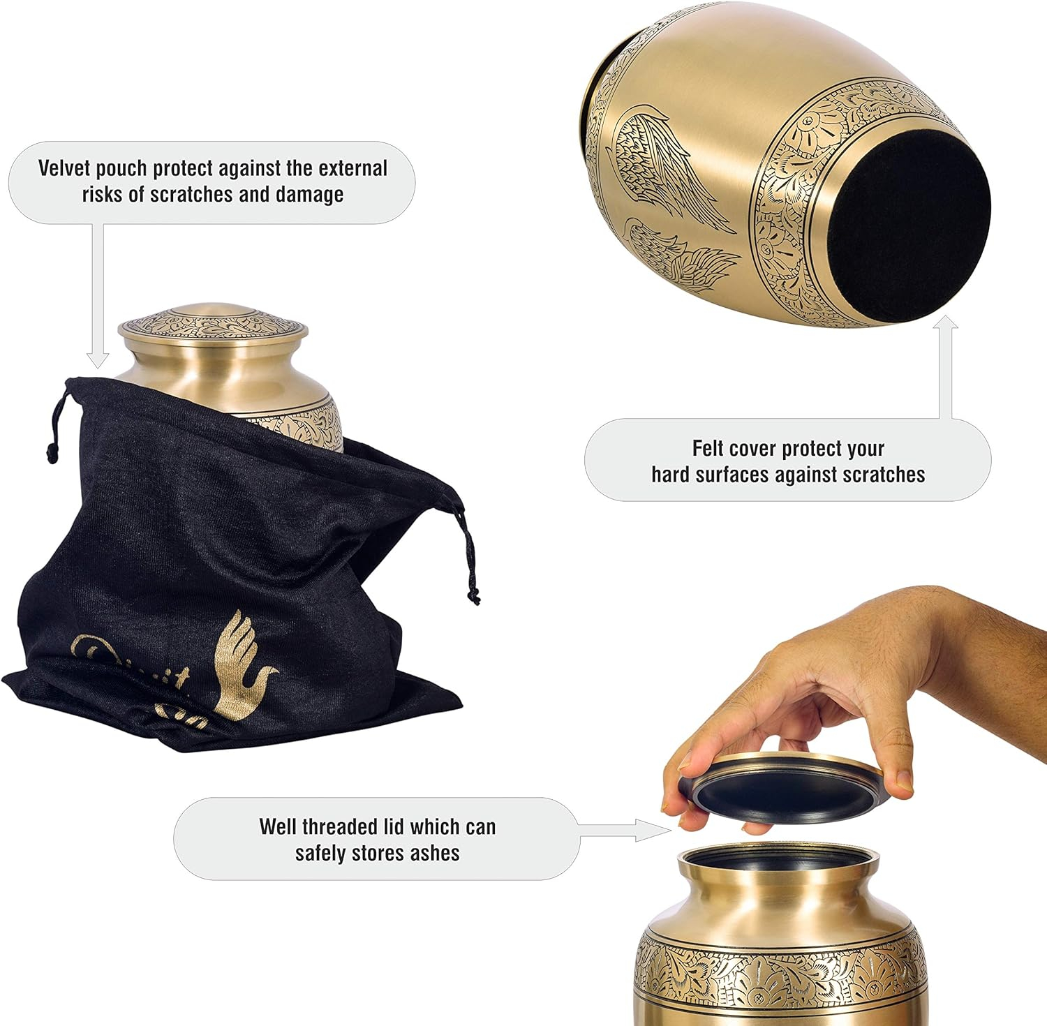 Cremation Urn for Human Ashes with Satin Bag, for Adults up to 200 lbs | Large Handcrafted Funeral Urns by Divit Shilp (Golden Angel Wings, Adult)