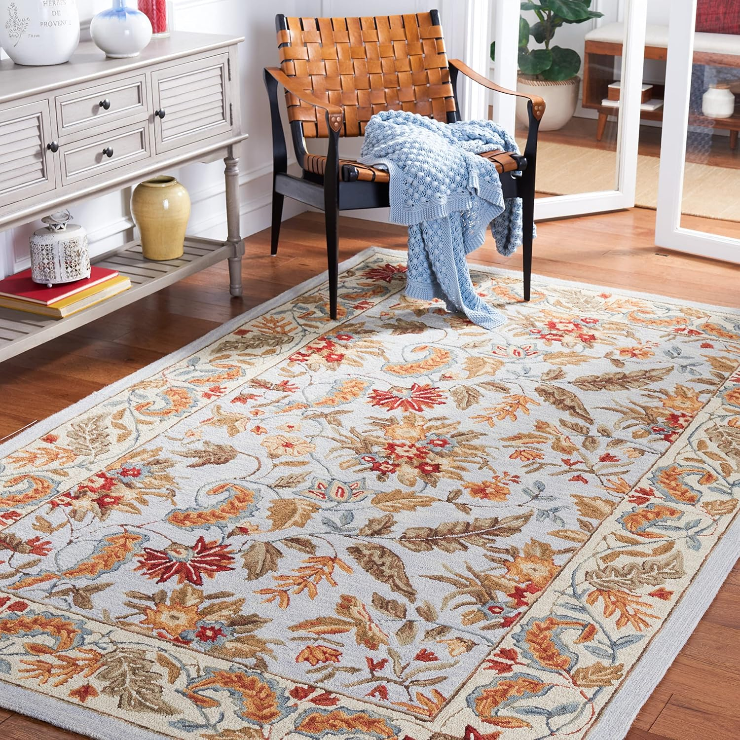 SAFAVIEH Chelsea Alaia Floral Wool Area Rug, Light Blue, 6' x 6' Square