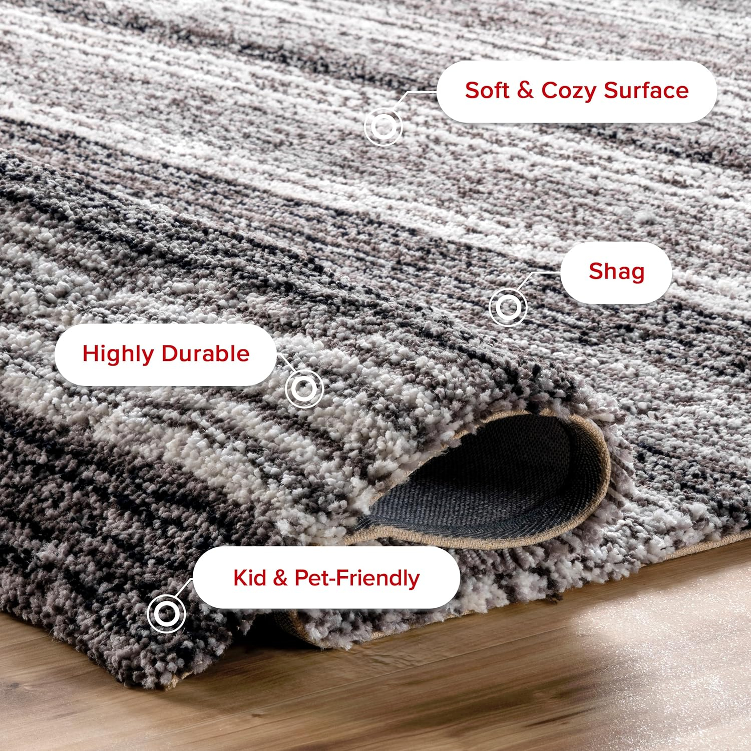 Gray Multi Striped Synthetic Shag 8' x 10' Area Rug