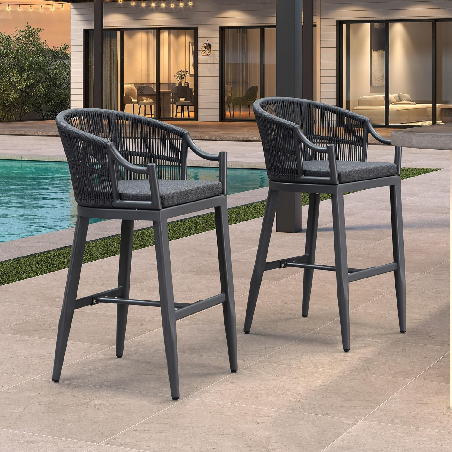 PURPLE LEAF Patio Bar Stools Set of 2 Outdoor Wicker Modern High Bar Chairs Metal Cushioned Barstools with Backs and Ergonomic Armrest for Balcony Garden Indoor Kitchen Island, Gray