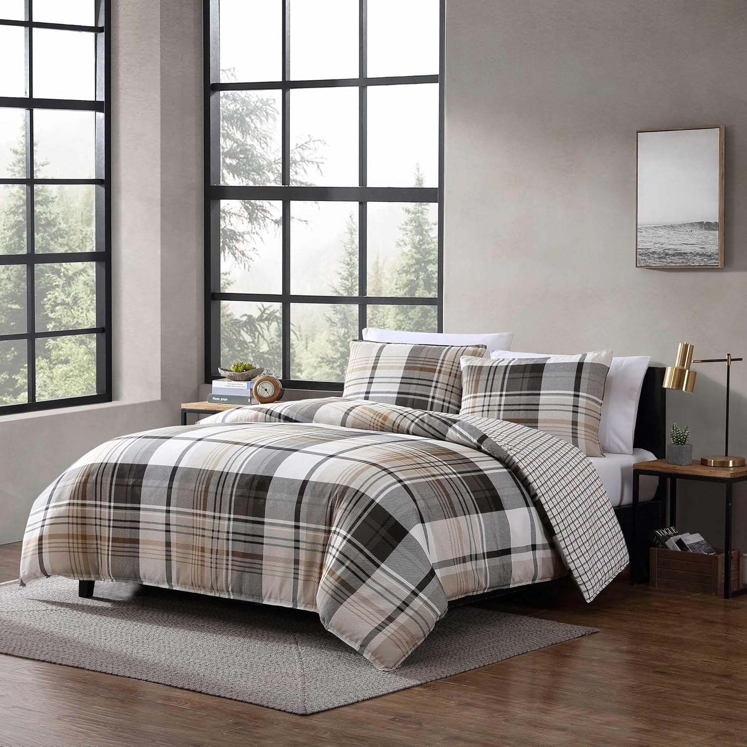 Eddie Bauer - Twin Duvet Cover Set, Reversible Microsuede Bedding Set with Matching Shams, Casual Home Decor (Normandy Plaid Black, Twin)
