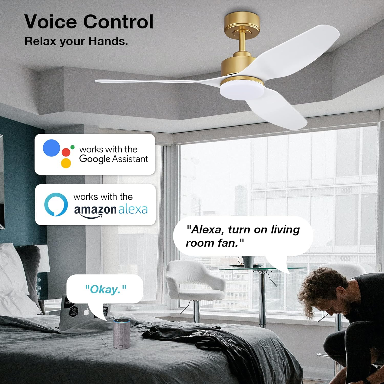 48 Inch Smart Ceiling Fans with Lights and Remote Control,Dimmable LED Light,Outdoor Indoor Gold White Ceiling Fan,Quiet DC Motor,WIFI Alexa App Workable,for Modern Bedroom Living Room Patio